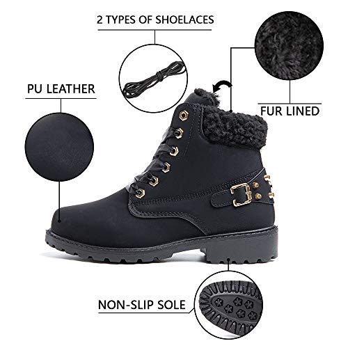 Botas Mujer Invierno Nieve de Cuero PU Zapatos Planas Calentar Piel Forro Cordones Botas Senderismo Snow Boots Outdoor Negro Caqui Gris Rosa 36-43 EU