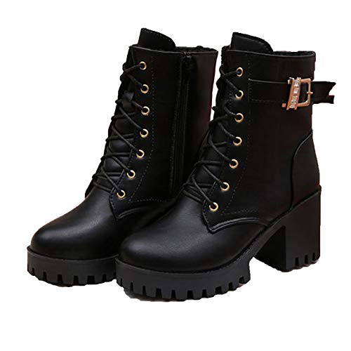 Botas para Mujer Moda Otoño Invierno Punta Redonda Hebilla Correa Cuadrados Tacones Altos Punta Redonda con Cordones Botines de Plataforma gótica