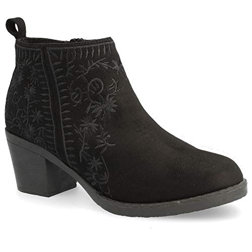 Botin de Tacon Cuadrado con Cierre de Cremallera en el Interior y Bordado con Motivos Florales como Detalle. Altura del Tacon 5.5 cm. Talla 36 Negro