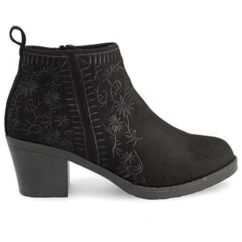 Botin de Tacon Cuadrado con Cierre de Cremallera en el Interior y Bordado con Motivos Florales como Detalle. Altura del Tacon 5.5 cm. Talla 36 Negro