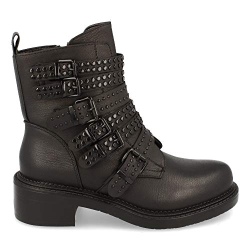 Botin Motero, Tiras con Tachuelas y Hebillas, Estampado de Liso, Cierre de Cremallera, Otono Invierno 2020. Talla 37 Negro