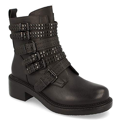 Botin Motero, Tiras con Tachuelas y Hebillas, Estampado de Liso, Cierre de Cremallera, Otono Invierno 2020. Talla 37 Negro