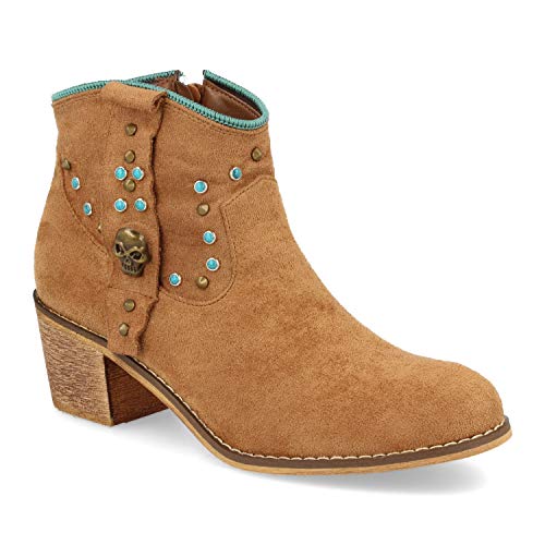 Botin Mujer Campero con Adornos Metalicos Cana Acabada en Azul Celeste Otono Invierno 2019. Talla 40 Camel