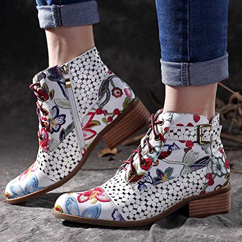 Botines con Cordones Cuero Mujer Estampado Floral de Tinta Botas Tacón Medio Botas Botita Moda Antideslizante Zapatos Otoño Invierno Comodos Suede 35-43 riou