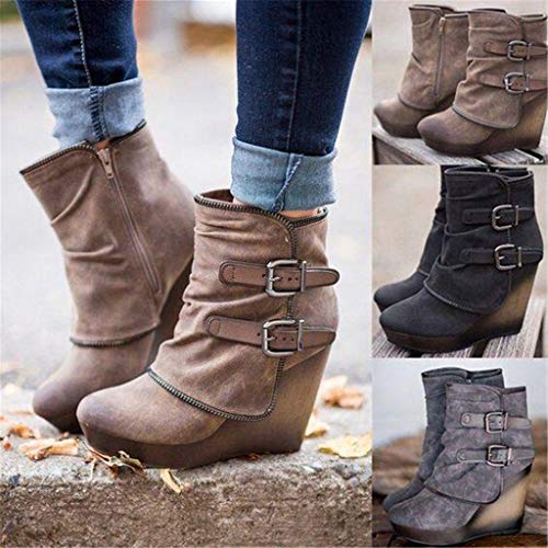 Botines Elegantes de Tacón y Hebilla Decorativa Mujer Otoño Invierno Calentar Piel Forro Botines Retro Cordones Mujer Botas Zapatos de Plataforma