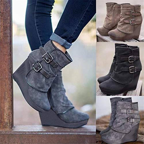 Botines Elegantes de Tacón y Hebilla Decorativa Mujer Otoño Invierno Calentar Piel Forro Botines Retro Cordones Mujer Botas Zapatos de Plataforma