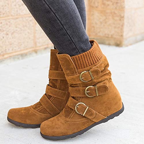 Botines Mujer Ante Cuero Zapatos de Plataforma Cremallera Lateral Hebilla Botas De Nieve Caliente Cómodas de Tacón Plano Otoño Bota Corta Rojo Marrón 35-43 riou