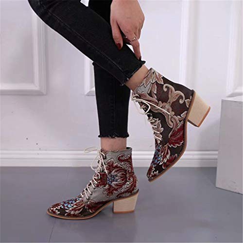 Botines Mujer Chelsea Botas Cuero Bajo Bloque Tacón Botas Invierno Retro Bohemio Nieve Botas Antideslizante Zapatos de Cordones