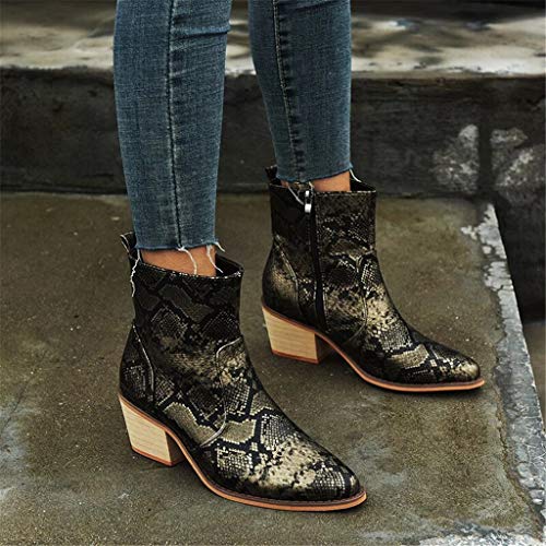 Botines Mujer Chelsea Botas Cuero Bajo Bloque Tacón Invierno Antideslizante Botas Retro Bohemio Empalme PatrónEstilo Cremallera