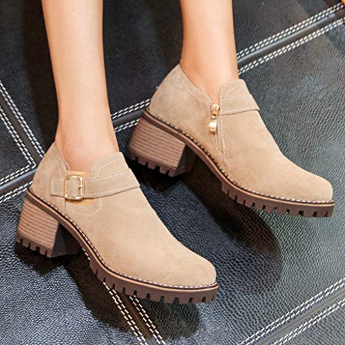 Botines Mujer Riou Cabeza Redonda Banda Elástica Botines de Tacón Medio Ante Vintage Otoño Zapatos Tacón Plano Cómodas Mujeres Botas Cortas Zapatillas Planas