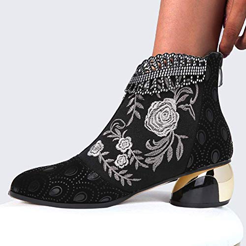 Botines para Mujer con tacón Grueso, Flores Bordadas, Botas de Cuero, Zapatos de Invierno, al Aire Libre, Antideslizantes, con Cremallera Lateral, Botas para Caminar para la Fiesta de Bodas