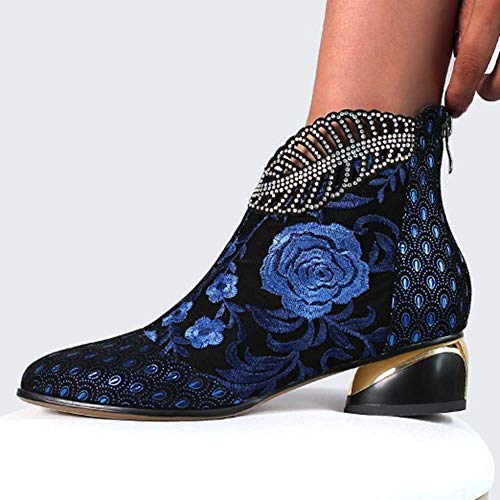 Botines para Mujer con tacón Grueso, Flores Bordadas, Botas de Cuero, Zapatos de Invierno, al Aire Libre, Antideslizantes, con Cremallera Lateral, Botas para Caminar para la Fiesta de Bodas