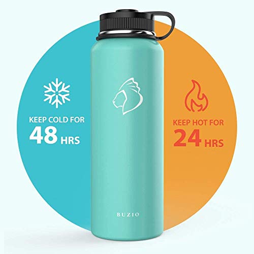 BUZIO Botella de Agua de Acero Inoxidable con Aislamiento al vacío (frío Durante 48 Horas/Caliente Durante 24 Horas), 1 litro Boca Ancha de Pared Bebida Deportiva Frasco sin BPA y Tapa Flexible