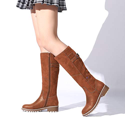 Camfosy Botas para Mujer Botas de Invierno hasta la Rodilla Botas Altas con Forro de Piel Zapatos cálidos de tacón bajo Botas largas para la Nieve Calzado Informal Retro Negro Marrón Gris Brown