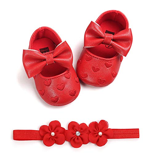 Carolilly - Zapatos de bebé con estampado de amor y lazo para niña, bautizo, zapatos y diadema de flores, juego de 0 – 18 meses Rojo Size: 12