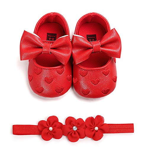 Carolilly - Zapatos de bebé con estampado de amor y lazo para niña, bautizo, zapatos y diadema de flores, juego de 0 – 18 meses Rojo Size: 12