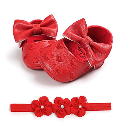 Carolilly - Zapatos de bebé con estampado de amor y lazo para niña, bautizo, zapatos y diadema de flores, juego de 0 – 18 meses Rojo Size: 12