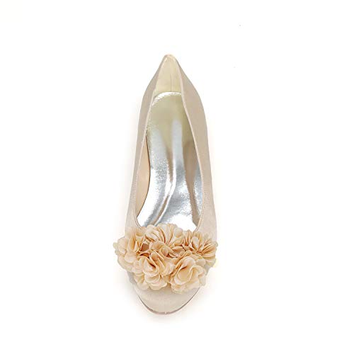 CHARMSTEP Zapatos De Boda Planos para Mujer Bailarinas De Satén Flor Punta Cerrada Zapatos De Novia Fiesta 9872-01H,Champagne,42 EU