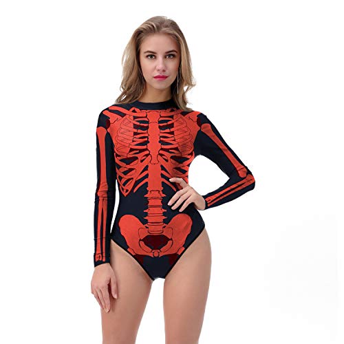 Chenyuying Cráneo Diseño del traje de baño de la manga con cremallera Loog Surf traje de baño blanca impresa manera del traje de baño de las mujeres Maillot 3D Imprimir Fiesta de Halloween Horror Skel