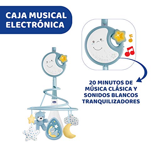 Chicco Next2Dreams Carrusel Móvil Bebé con Luces y Música - 3 en 1 Móvil Compatible con Cuna Next2Me o Minicunas Colecho/Viaje, Efectos de Sonido, Proyector de Luz Nocturna y Música Clásica, 0m+, Azul