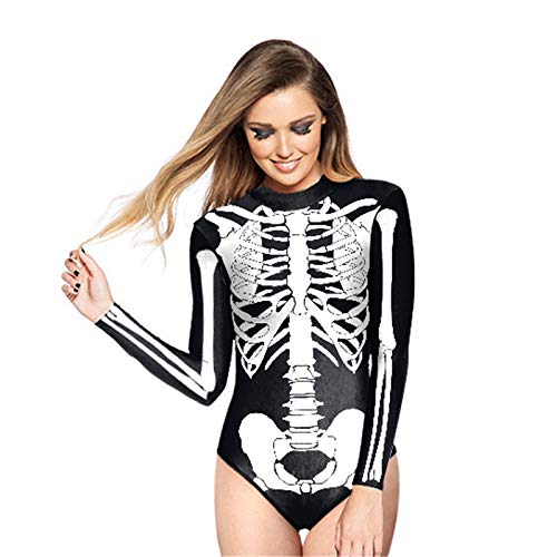 Cicongzai Cráneo Diseño del traje de baño de la manga con cremallera Loog Surf traje de baño blanca impresa manera del traje de baño de las mujeres Maillot 3D Imprimir Fiesta de Halloween Horror Skele