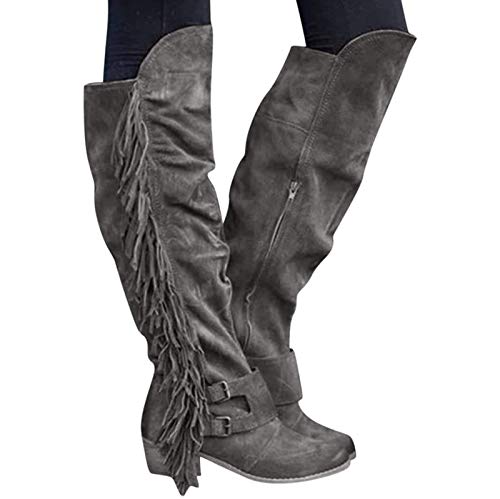 CRMY Botas hasta la Rodilla con Flecos para Mujer/Mujer Botas Vaqueras con Flecos Botas Medias-Altas clásicas con tacón en Bloque Botas Puntiagudas Elegantes Vintage