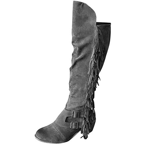 CRMY Botas hasta la Rodilla con Flecos para Mujer/Mujer Botas Vaqueras con Flecos Botas Medias-Altas clásicas con tacón en Bloque Botas Puntiagudas Elegantes Vintage