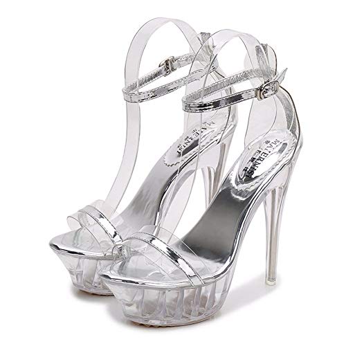 CYGGL Crystal Tacón Alto para Mujer Plataforma Sandalias Peep Toe Tacón Aguja Correa Cruzada Zapatos de Boda Fiesta, Transparente 41EU