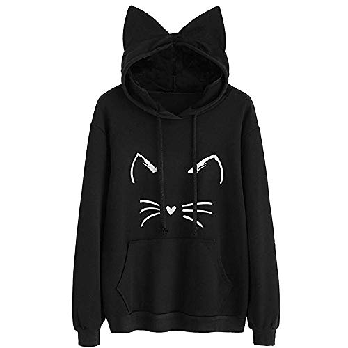 DEELIN OtoñO E Invierno De Las Mujeres Orejas De Gato De Manga Larga Sudadera con Capucha Sudadera con Capucha SuéTer SuéTer Camisa Vino Rojo/Negro (XL, Negro)