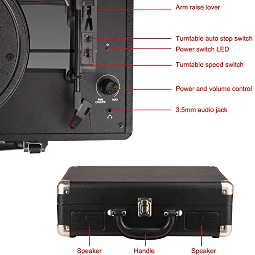 DIGITNOW! Tocadiscos Plato giradiscos Plato Vinilo 33/45/78 RPM, Maleta Portátil con 2 Altavoces Integrados, Grabador de Vinilo a MP3, USB Reproductor MP3, Entrada AUX y RCA, Negro