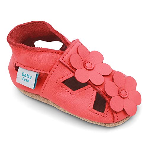 Dotty Fish Zapatos de Cuero Suave para bebés. Sandalias para niñas. Coral con Flores. 6-12 Meses (19 EU)