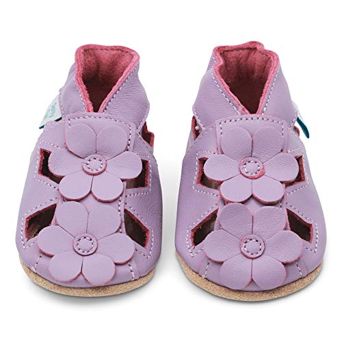 Dotty Fish Zapatos de Cuero Suave para bebés. Sandalias para niñas. Lila con Flores. 12-18 Meses (21 EU)