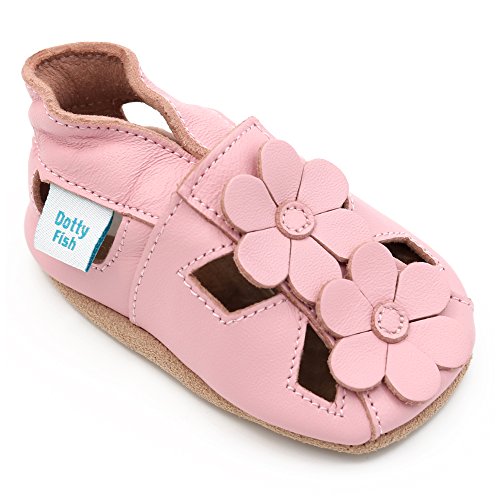 Dotty Fish Zapatos de Cuero Suave para bebés. Sandalias para niñas. Rosa con Flores. 6-12 Meses (19 EU)