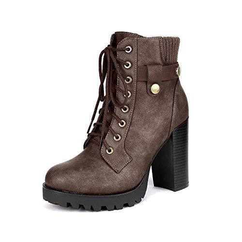 Dream Pairs SCANDL Mujer Botines de Tacón Alto Plataforma Invierno Moda Zapatos con Cordones Cremallera Marrón 41 EU/10 US