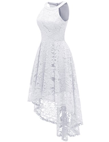 Dressystar Vestido Cóctel Hi-lo Flor Encaje Elegante Mujer Sin Manga Cuello Halter Blanco XL