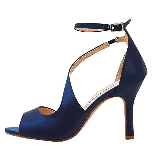 ElegantPark HP1565 Zapatos para Novia Mujer Peep Toe Sandalias de Boda Tacón Correa De Tobillo Satén Zapatos de Fiesta Novia BLU Navy EU 40