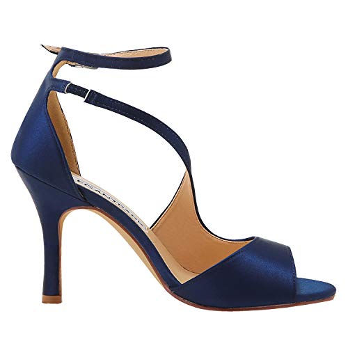 ElegantPark HP1565 Zapatos para Novia Mujer Peep Toe Sandalias de Boda Tacón Correa De Tobillo Satén Zapatos de Fiesta Novia BLU Navy EU 40