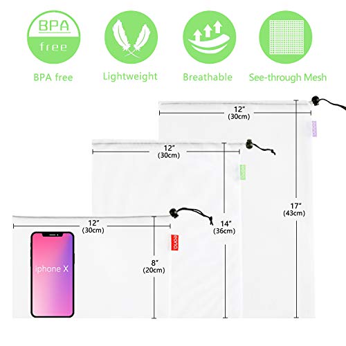 Eono by Amazon - Bolsas Compra Reutilizables Ecológicas Bolsa de Malla para Almacenamiento Fruta Verduras Juguetes Lavable y Transpirable 3 Diversos Tamaños, 12 Pcs (3L+6M+3S)