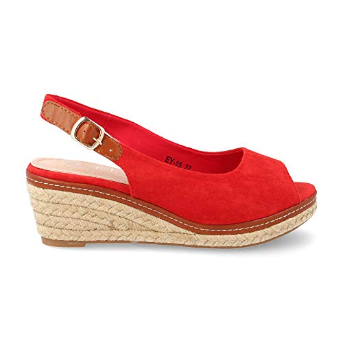 Espardena Mujer con Cuna en Yute Modelo Peep Toe Correa Trasera Estilo Slingback Primavera Verano 2019. Talla 36 Rojo