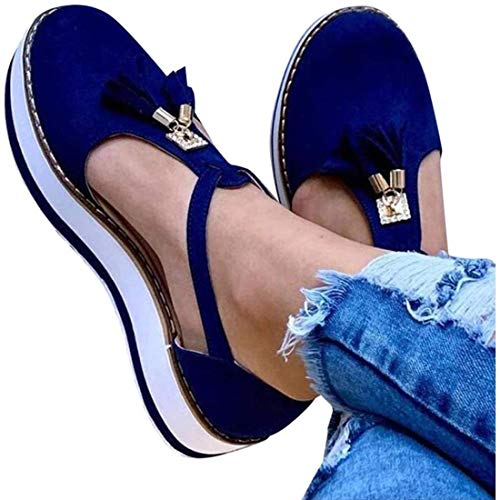 EVR Sandalias de Vestir para Mujer Sandalias Plataforma Planas Las Mujeres de la Manera de la Borla del talón Plano Antideslizante Beach Shoes Slipper Bajas de Verano Plataformas Alpargatas,Azul,41