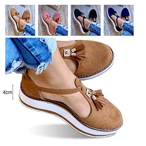 EVR Sandalias de Vestir para Mujer Sandalias Plataforma Planas Las Mujeres de la Manera de la Borla del talón Plano Antideslizante Beach Shoes Slipper Bajas de Verano Plataformas Alpargatas,Azul,41