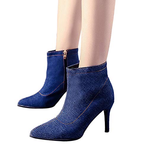 FAMILIZO Botas Mujer Invierno De Tacón Alto Zapatos De Arranque De Tubo Corto Denim Zippe Sólido Color Punta De Los Zapatos Botas Mujer Nieve Azul 38