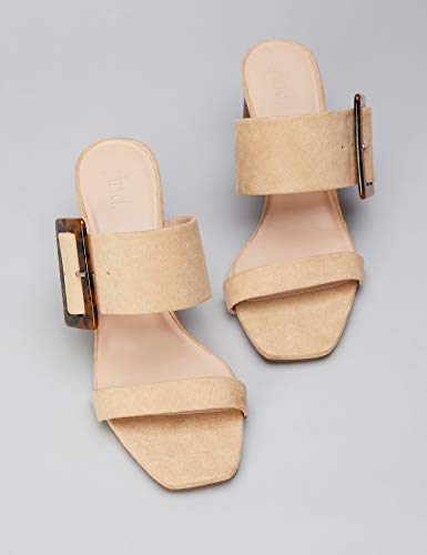 find. Large Buckle Block Heel Sandal Sandalias con Punta Abierta, Beige, 40 EU