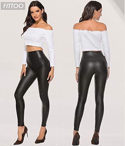 FITTOO PU Leggings Cuero Imitación Pantalón Elásticos Cintura Alta Push Up para Mujer #2 Clásico Negro Mate M