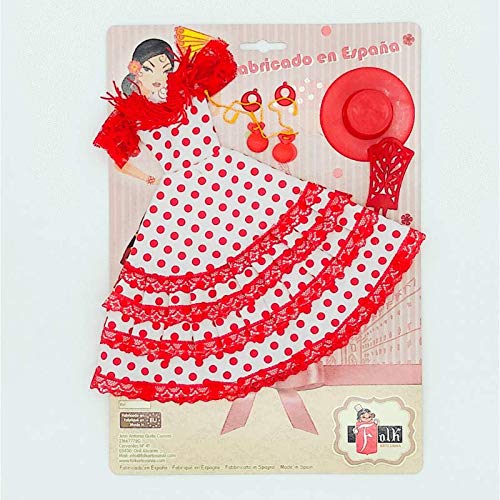 Folk Artesanía Set Vestido, Pendientes, Sombrero, peinetas y castañuelas Flamenca Andaluza para muñeca Barbie de Mattel. Muñeca no incluida (Negro Lunar Rojo)