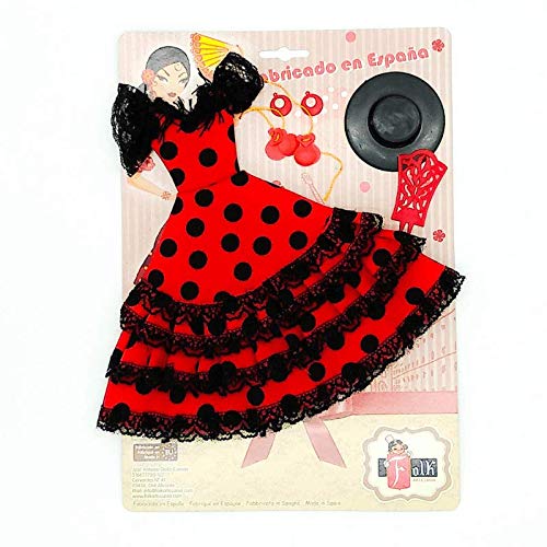 Folk Artesanía Set Vestido, Pendientes, Sombrero, peinetas y castañuelas Flamenca Andaluza para muñeca Barbie de Mattel. Muñeca no incluida (Negro Lunar Rojo)