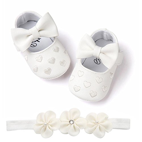 Fossen Zapatos de Bebe Fossen Recién Nacido Niñas Piel Artificial Primeros Pasos Bordado Corazón Patrones Y Diadema de Flores (0-6 Meses, Blanco)