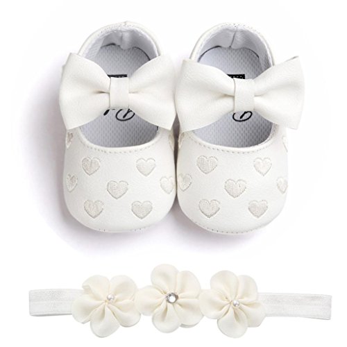 Fossen Zapatos de Bebe Fossen Recién Nacido Niñas Piel Artificial Primeros Pasos Bordado Corazón Patrones Y Diadema de Flores (0-6 Meses, Blanco)