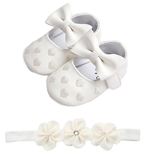 Fossen Zapatos de Bebe Fossen Recién Nacido Niñas Piel Artificial Primeros Pasos Bordado Corazón Patrones Y Diadema de Flores (0-6 Meses, Blanco)