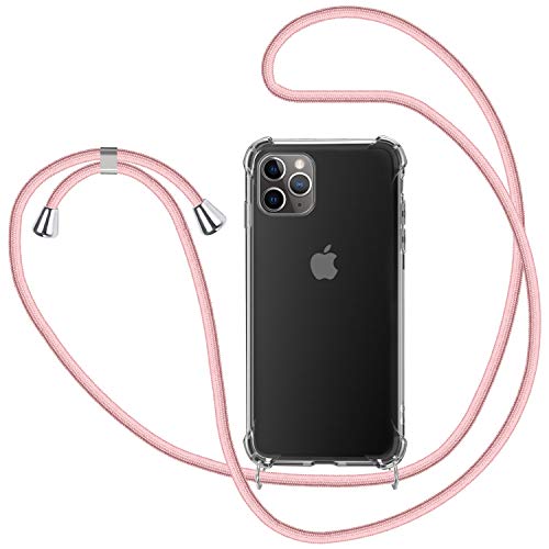 Funda con Cuerda para iPhone 11 Pro MAX, Carcasa Transparente TPU Suave Silicona Case con Correa Colgante Ajustable Collar Correa de Cuello Cadena Cordón para iPhone 11 Pro MAX 6.5'' - Oro Rosa